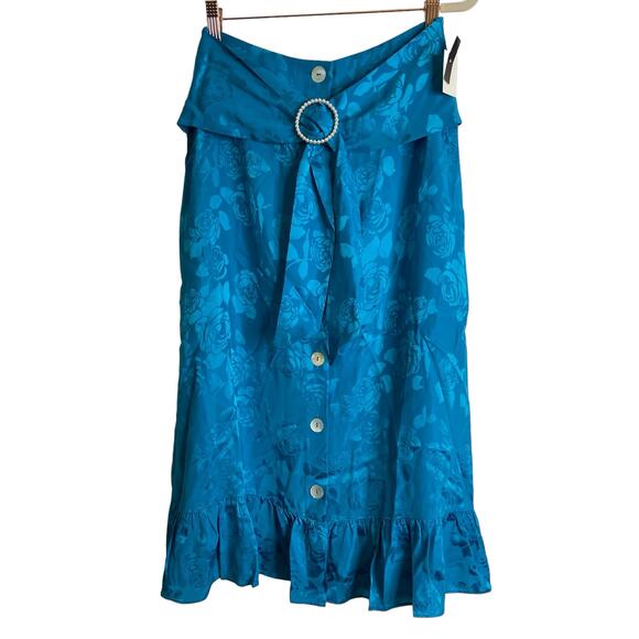 Art Dealer Floral Midi Skirt Silk Blend Satin Ruffle Hem Turquoise Size Medium - Picture 4 of 13